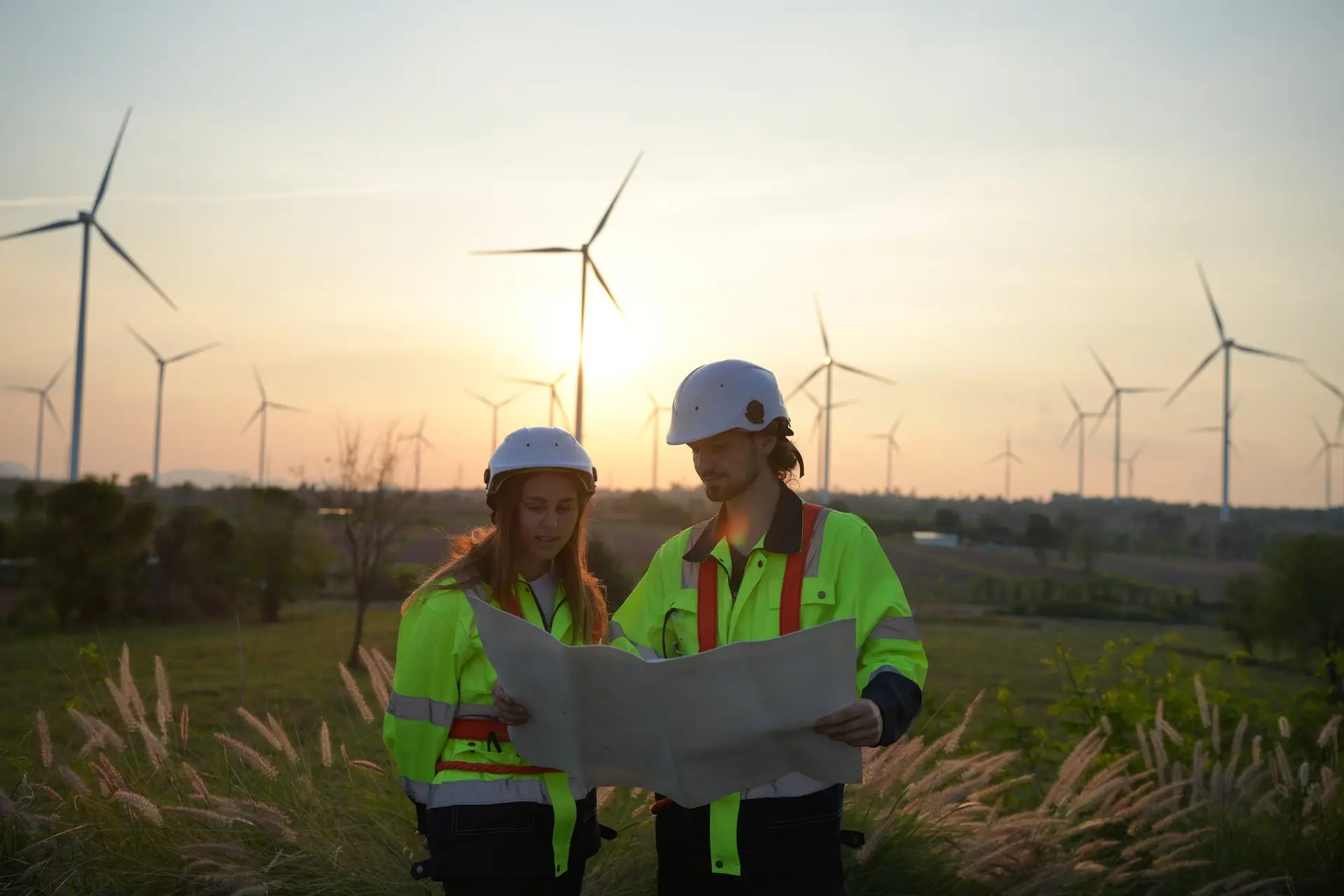 Inżynierowie z dokumentacją projektową na farmie wiatrowej